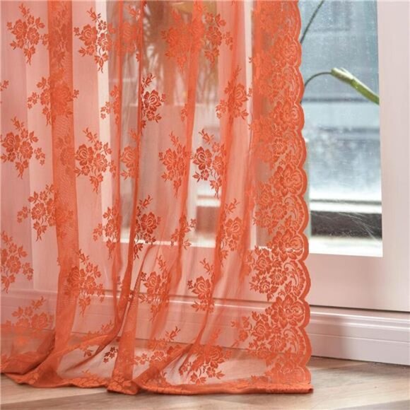 Burnt Orange Sheer Curtains 63 Inch Length 2 Panels, Rustic Lace Floral Fall - Picture 1 of 8